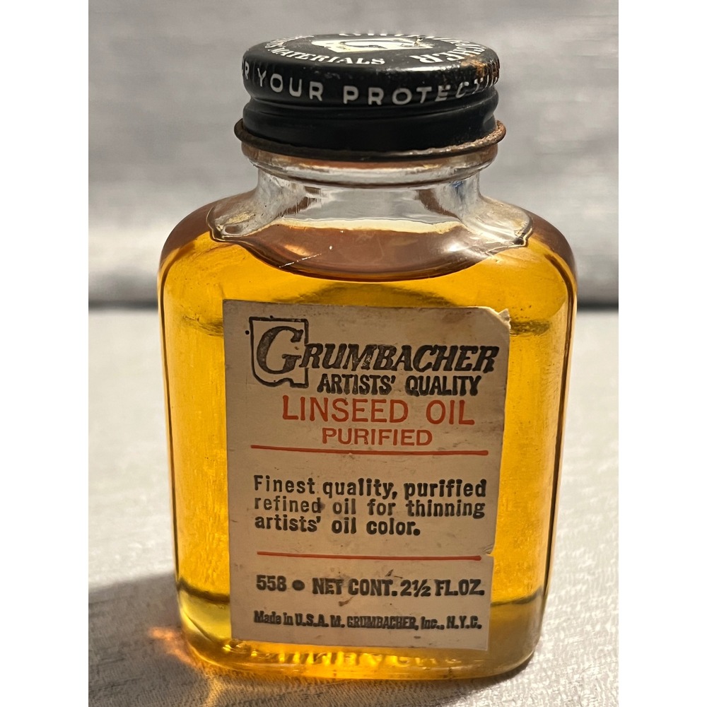 Vintage Grumbacher Purified Linseed Oil 558 Artists Materials 2.5oz Glass Bottle